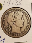 1913 S Barber Half Dollar "VF" Condition 90% Silver !