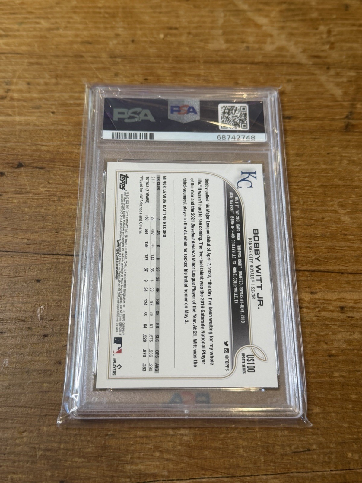 2022 Topps Update #US100 Bobby Witt Jr Kansas City Royals PSA 10 GEM MINT ROOKIE view 2