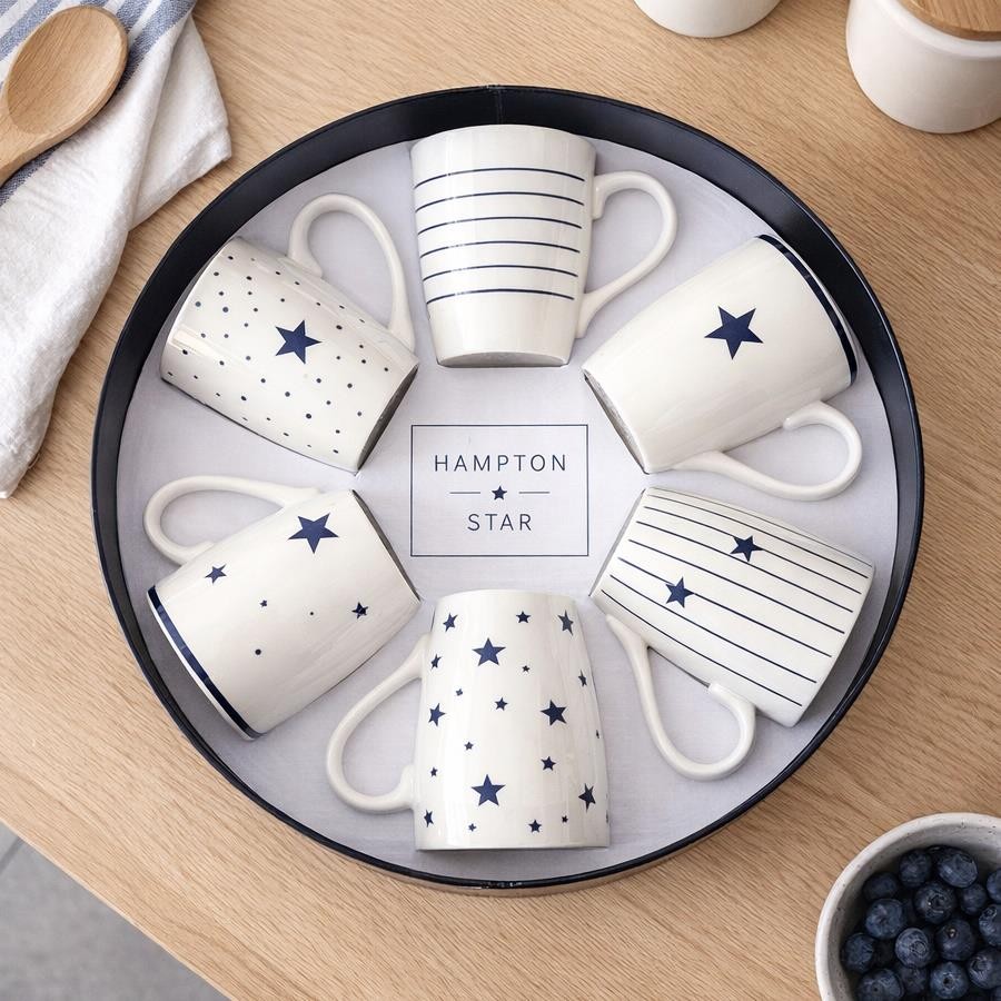 Mug Gift Set 6pcs Blue Hampton Star Bone China Tea Coffee Cups Hat Box New Home