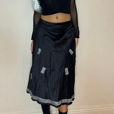 Vintage 90s Black Detailed Satin Midi Skirt S goth coquette