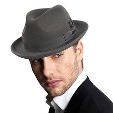 Men's Wool Fedora Hats Women Felt Trilby Derby Hat with Feather Grey Large