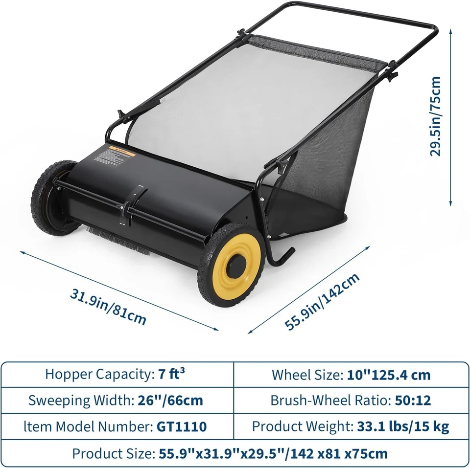 26" Push Lawn Sweeper with 7 Cu. Ft. Hopper Manual Leaf Sweeper Adjustable Brush - Image 2 of 4