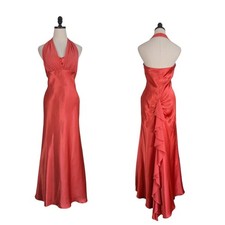 Prom Dress Maxi Gown 8 Orange Vintage Y2K Glam Satin Ruffle Halter Grunge Train