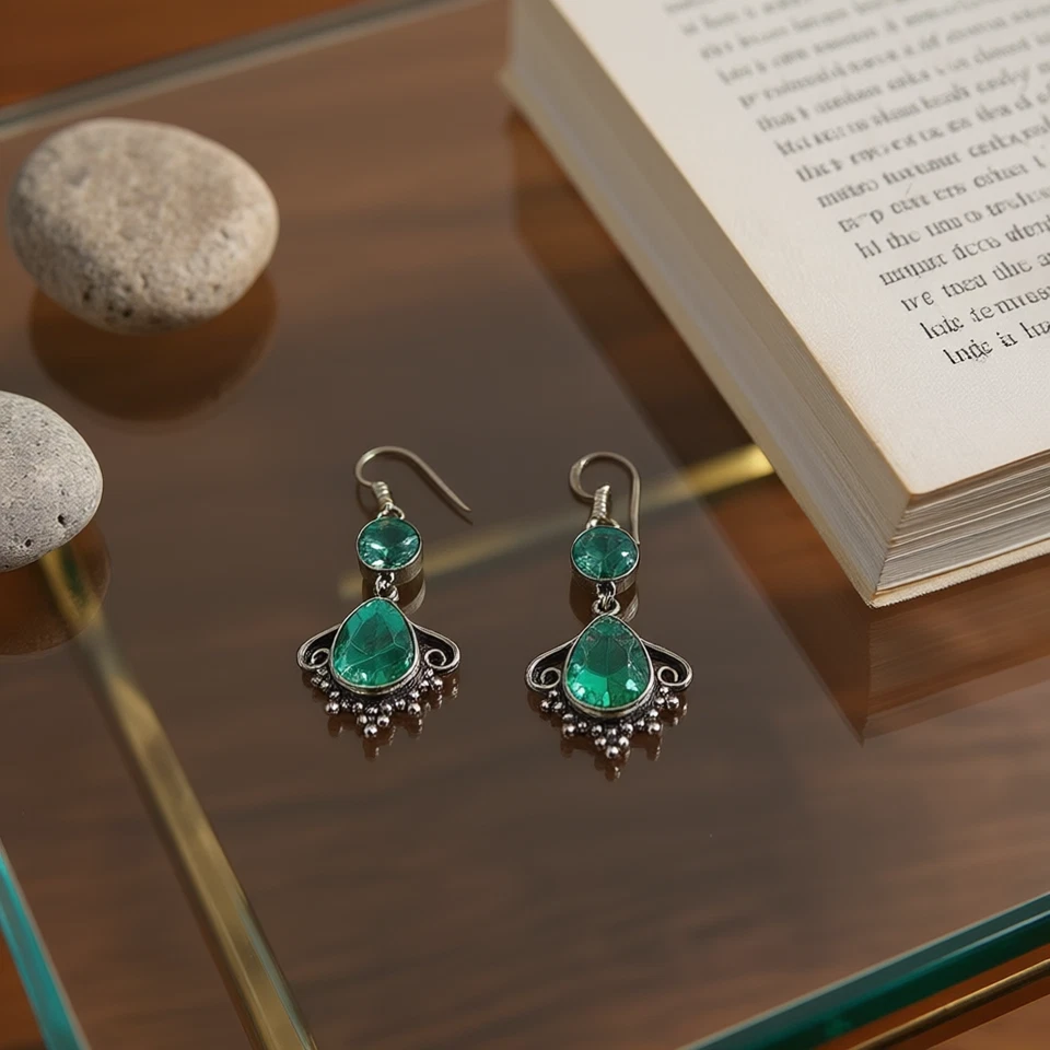 Brincos de gota de apatita verde feitos à mão, pendurados de pedra preciosa de lágrima, boho vintage - Imagem 4 de 4