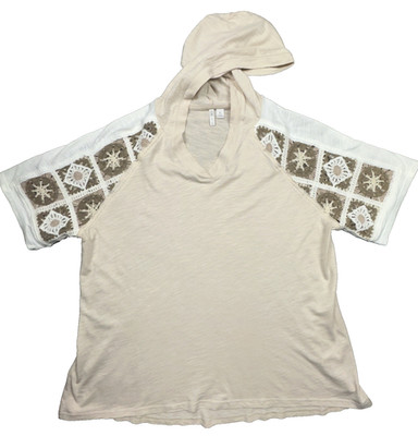 Cato Womens Top XL Floral Beige Crochet Cottagecore Boho Short Sleeve Hoodie Y2K