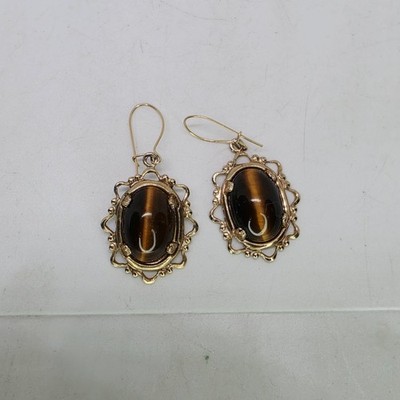 14k Gold Hook Drop Dangle Tiger's Eye Cabochon Earrings Victorian Style Vintage 