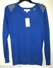 NEW MICHAEL KORS BRIGHT COBALT BLUE V-NECK SWEATER+GOLD TONE GROMMET MSRP $120