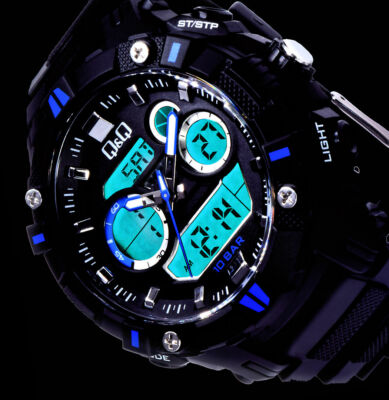 Q&Q by Citizen AD- Digital Herren Armband Uhr Schwarz Blau Chronograph 10 Atm A1