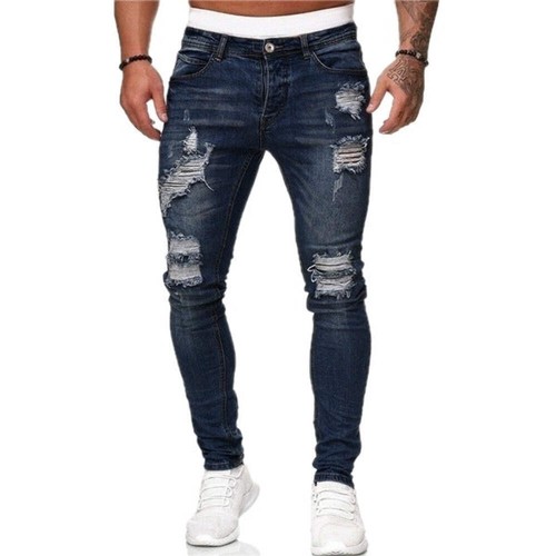 Men's Ripped Denim Jeans Slim Fit Fashion Pencil Pants Mid Waist Distressed Trou - Picture 7 of 40