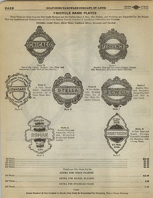 1923 Paper AD Bicycle Name Plate Chicago Jewel Roman Stella Florence 