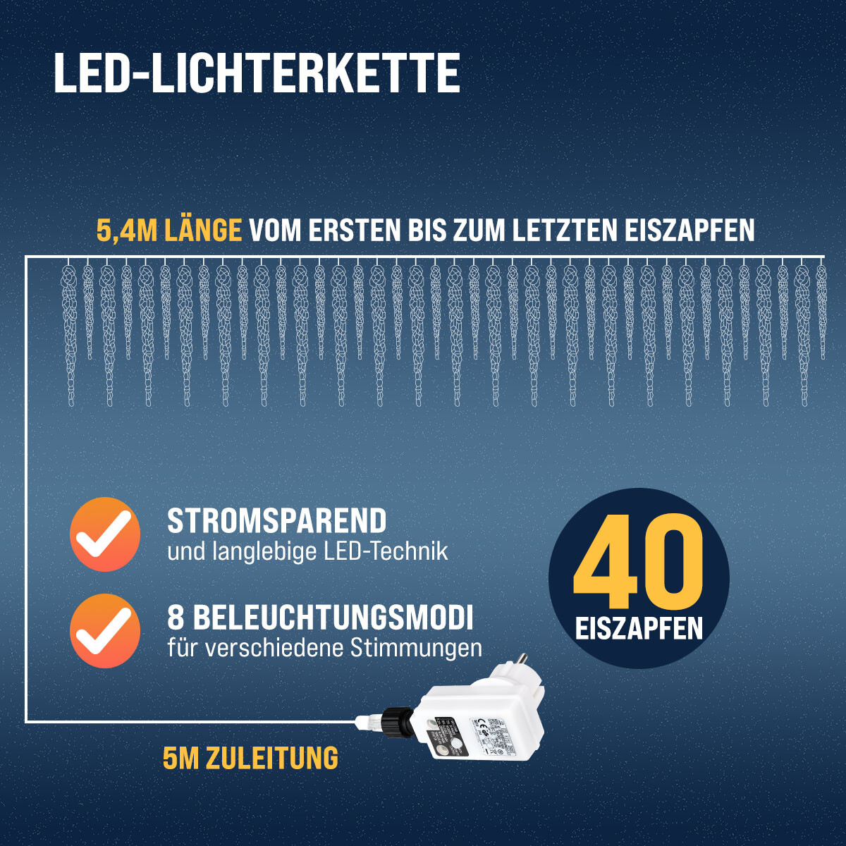 Kalte Lichtfarbe Deko LED Eiszapfen-Lichterkette – 40 LEDs, 5 M Lichterkette + 5 M Stromkabel, IP44, Kaltes Weiß, 8 Modi, Memory-Funktion – Für Garten, Party, Weihnachten