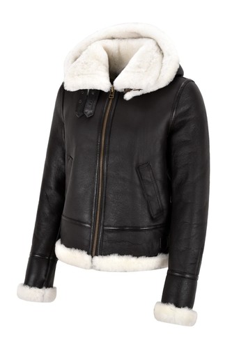 Ladies B3 Sheepskin Jacket Hooded Winters Real Shearling White Fur Jacket F-05 - Picture 3 of 8