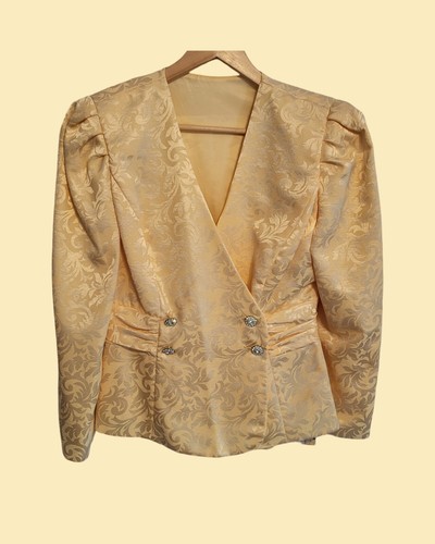 ☆Vintage 60s☆ Womens 2 Pc Yellow Jacquard Skirt Suit Mother Of The Bride W/TAGS! - Picture 3 of 17