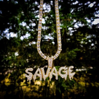 Iced Hip Hop Lab Diamond Drip SAVAGE Pendant & 1 Row Tennis Bling