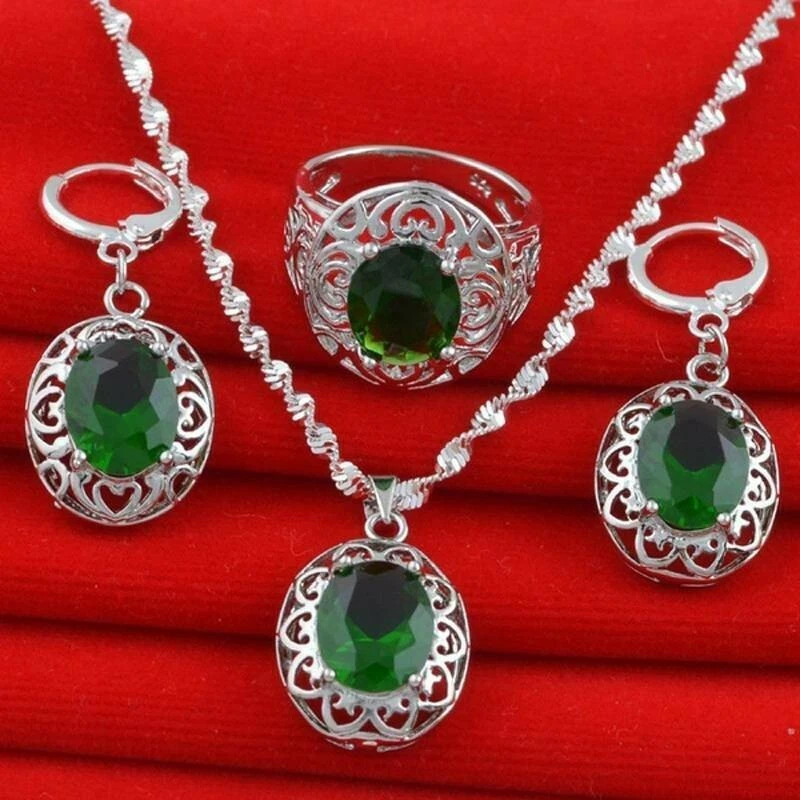 Women's Simulated Emerald Jewelry Set 925 Silver Pendant Necklace Earrings Ring - Image 2 of 4