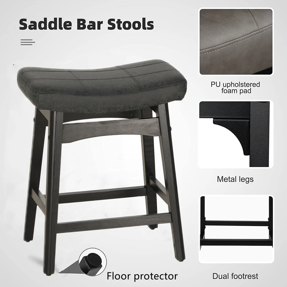 Saddle Seat Bar Stools Set of 3 Counter Height Barstool Solid Leg - Image 3 of 4