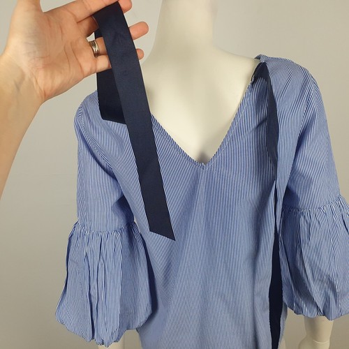 Dorothy Perkins Size 8 Top Blouse V Neck 3/4 Puff Sleeve Bow Blue Striped Women - Picture 6 of 14