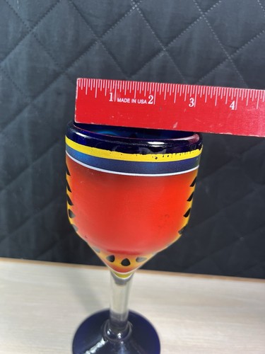 Mexican Hand Painted Hand Blown Wine Goblets Cobalt Blue Fruit Motif - Set of 2 - Picture 7 of 17