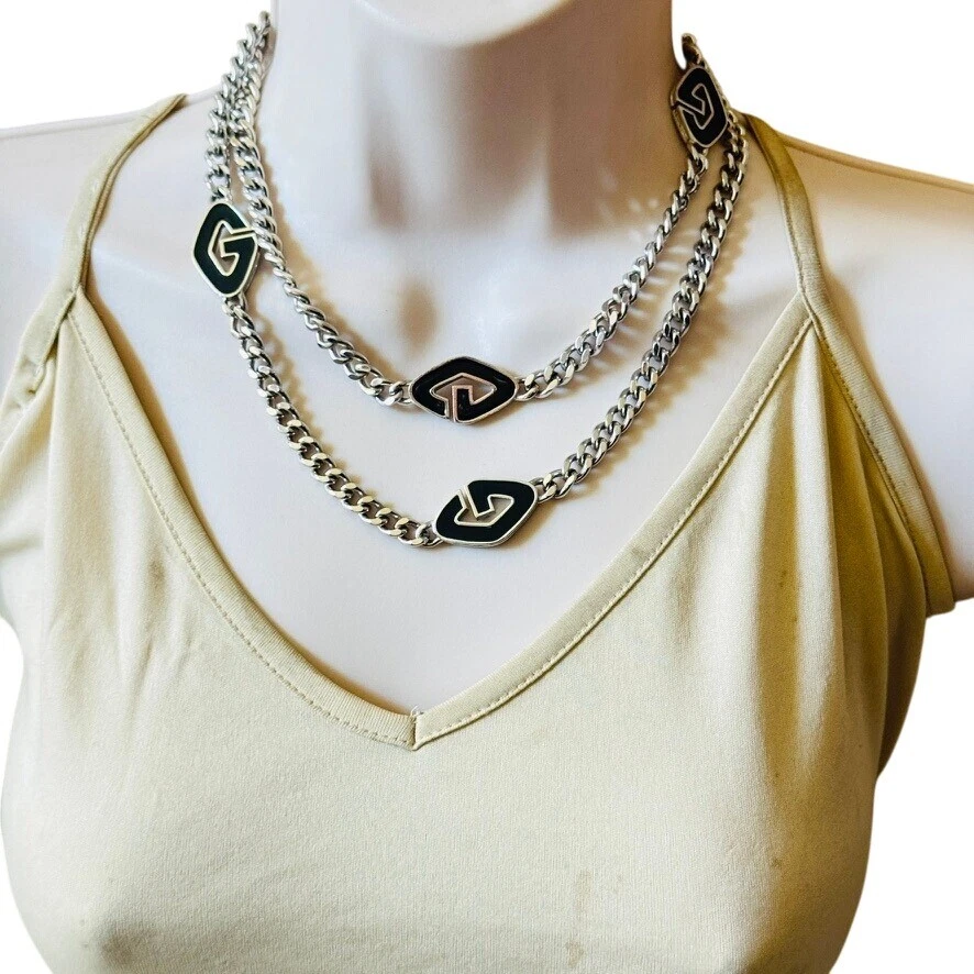 VTG 80s Givenchy Link necklace Logo Silver Statement high end designer rare 35"L - Image 3 of 4