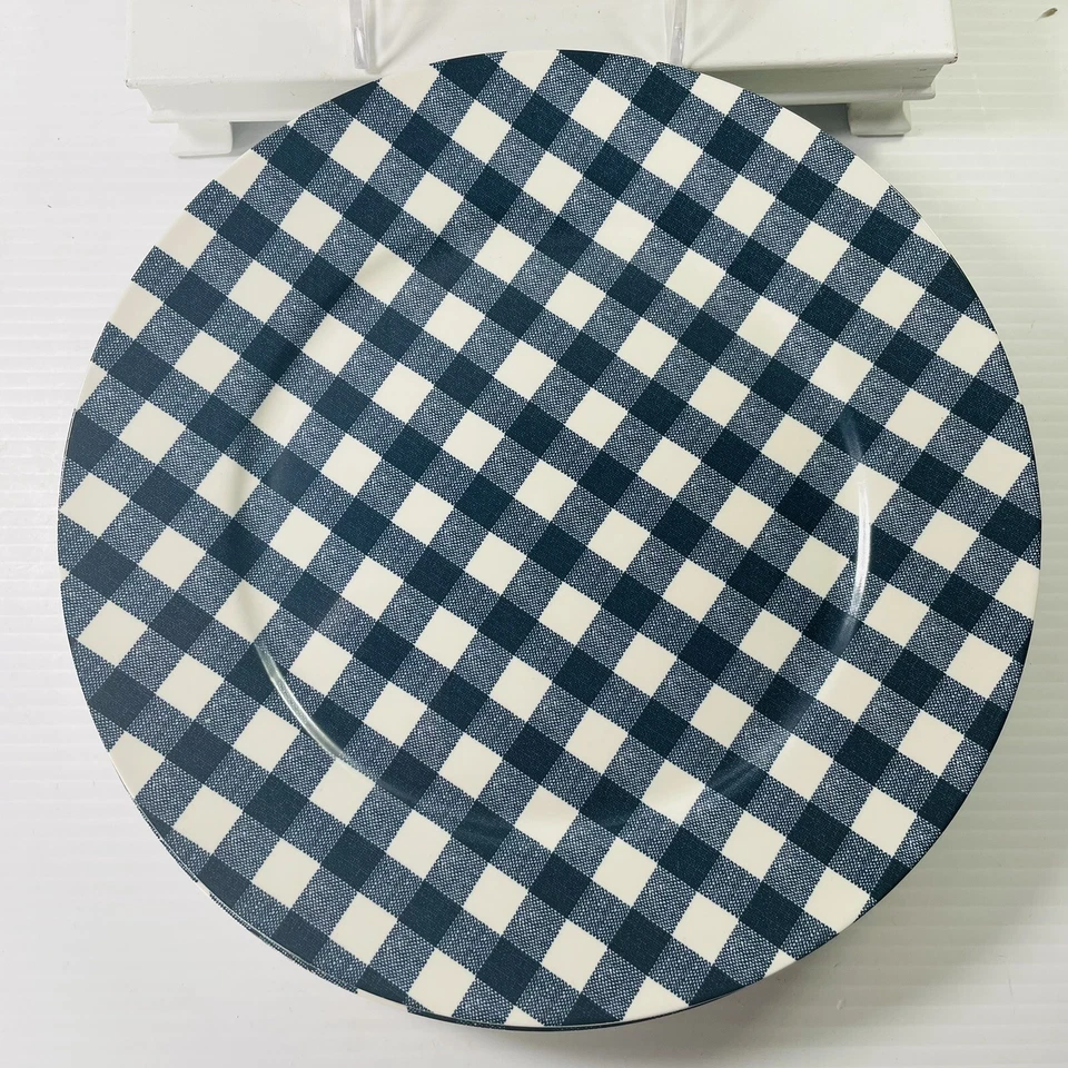 Juego de 4 platos de cena Pottery Barn Gingham Plaid 11” azul marinero primavera Pascua Foto 4 de 4
