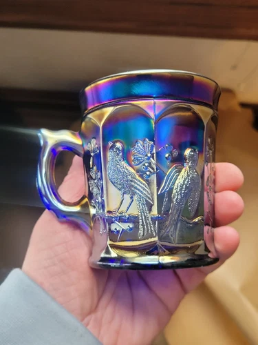 Pretty Blue Northwood Carnival Glass Singing Birds Mug Not Stippled