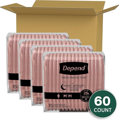 Depend Night Defense Adult Incontinence Women, Overnight Medium Blush 60 count