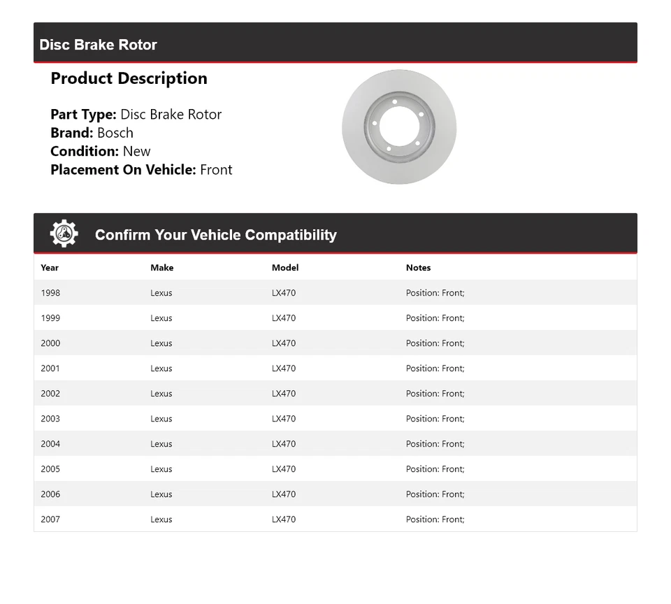 Rotor de freno de disco delantero para Lexus LX470 1998-2007 Bosch QuietCast 1999 2000 2001 Foto 2 de 4