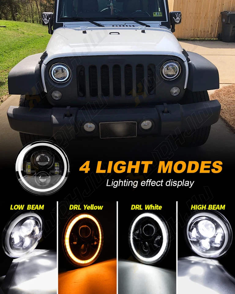 DOT 7" Inch Round LED Headlights Halo Angle Eyes For Jeep Wrangler JK LJ TJ CJ - Image 2 of 4