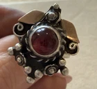 Antique Ring Two Tone Silver Garnet Cabochon, Size 8.5 Bohemian Austro-Hungarian