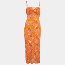 Mirae Orange Floral Print Crepe Florae Midi Dress S