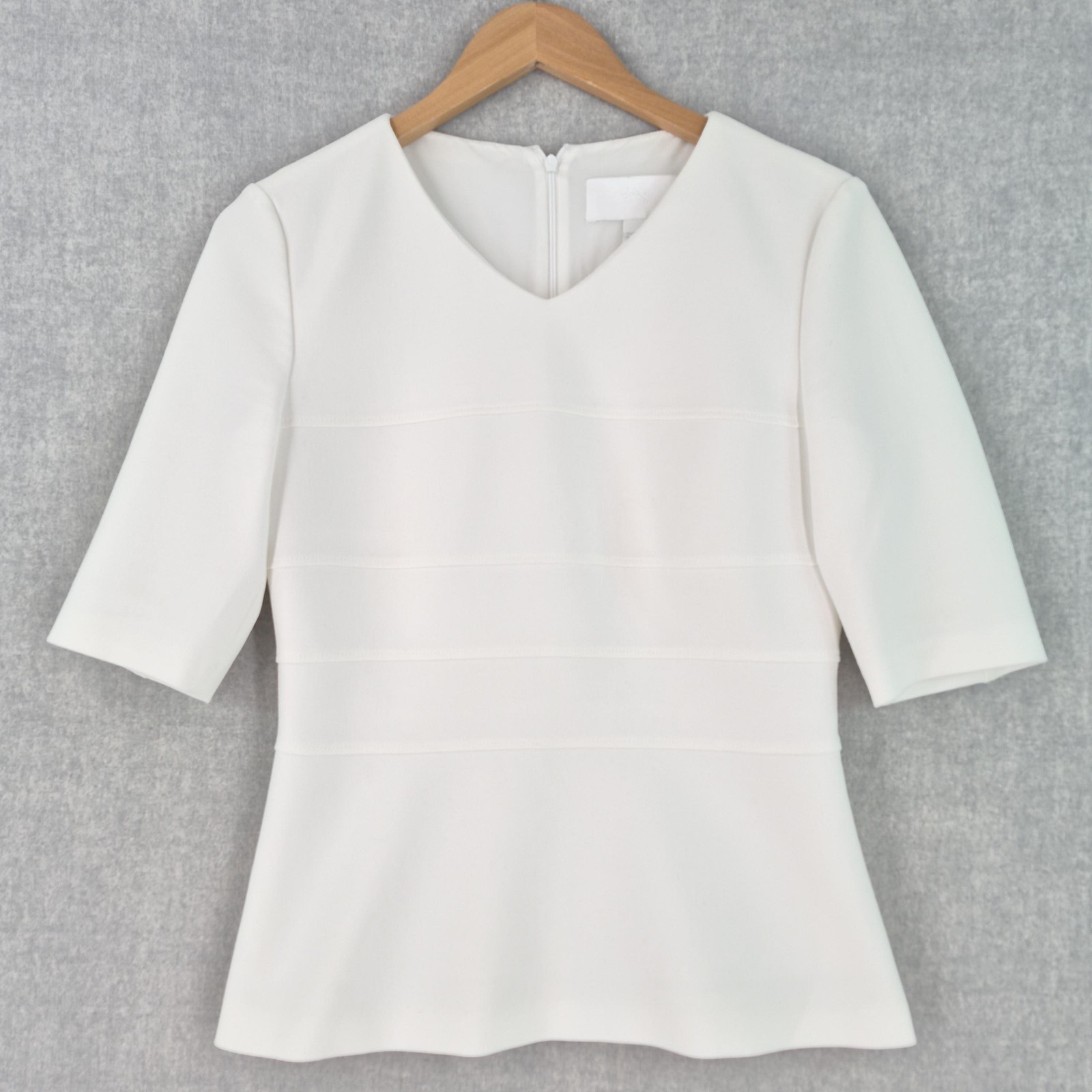 Hugo Boss Lopela Minimalist Luxury Peplum Blouse Women 4 White V Neck 1/2 Sleeve