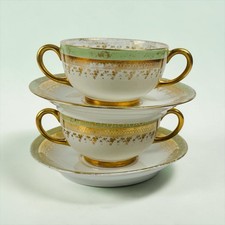 J. P. L. France Jean Pout Limoges Green Gold Boullion Cup And Saucer Set Of 2