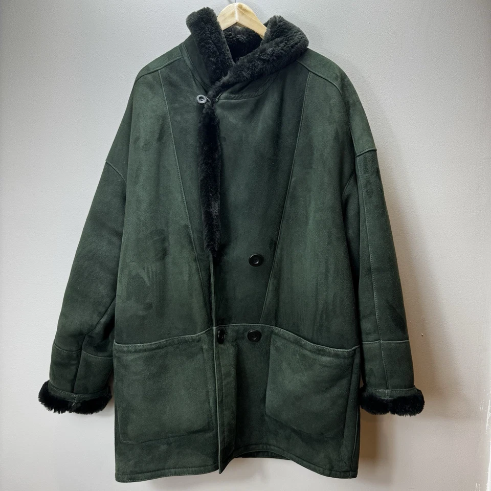 Jacques Jekel Paris  Shearling Lined Coat Green Suede Outside Button Down XXL - Image 3 of 4