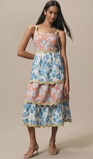 Farm Rio Anthropologie Midi Dress Blue Linen Blend Tiered Rickrack Vacay XL NWT