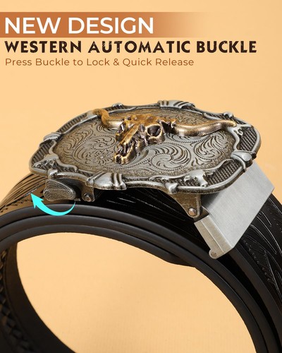 Herren Ratsche Westerngürtel Leder Schwarz Cowboy Ratschengürtel für Männer Leder... - Bild 2 von 7