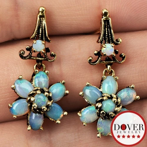 Estate Opal 14K Yellow Gold Flower Drop Stud Earrings 4.9 Grams NR
