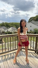 Handmade Crochet Halter Top  Skirt Set Small Red Cream Rainbow Cotton Boho