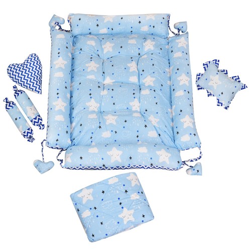 BB13 Blue & White Baby Bed Set | Reversible Cotton Mattress (Godari) & Pillows - Picture 3 of 6