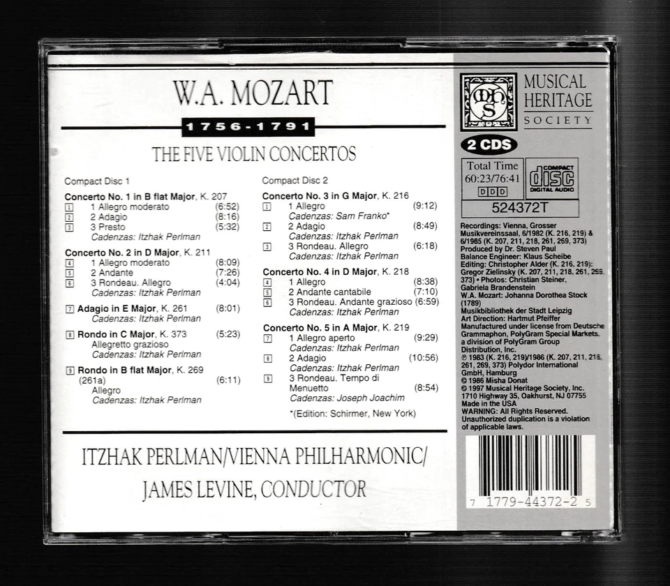 ITZHAK PERLMAN Mozart: The 5 Violin Concertos (Musical Heritage Society) 2 cds - Image 3 of 3
