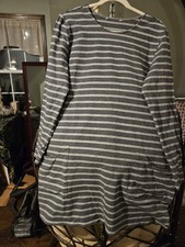 XXL Stretchy Striped Long Sleeve Office Dress Gray Black White Front Pockets