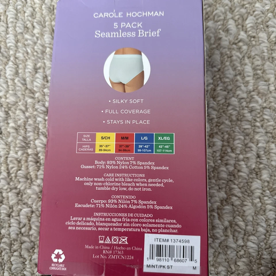 Carole Hochman Ladies Seamless Brief 5 Pack colored pink white purple silky soft - Image 2 of 3