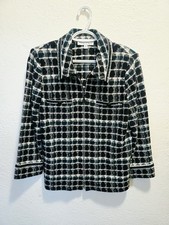 Vintage St. John Collection Jacket Black Dark Green Check Wood Bead Trim SZ 12