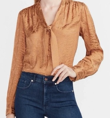 Express Blouse Womens Medium Gold Tan Animal Python Satin Long Sleeve Tie Neck