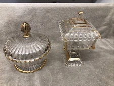 Vintage MCM Jeanette  Covered Candy Dish Set of 2 ! w/Lids Gold Trim