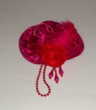 Ladies Red Hat Society Pink  Velvet Hat Red Flower Beads Ornament 5"