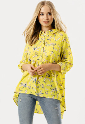 Womens Yellow Floral Print Button Down Collared Dip Hem Shirt Size 10