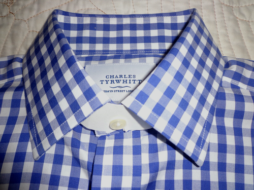 Charles Tyrwhitt Vestito Camicia Uomo 15/32 Blu Plaid Slim Fit Non Ferro Polsini Francesi - Foto 2 di 6