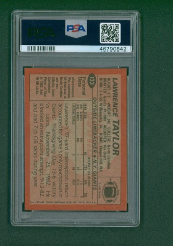 1983 Topps Football Card - #133 Lawrence Taylor, PSA 8 NM/MT - Picture 2 of 2