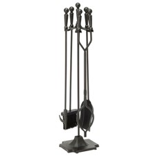 Cast Iron Antique Brass 4 Pc Fireplace Tool Set Stand Shovel Brush