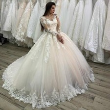 Elegant Plus Size Wedding Dresses Lace Appliques Tulle Long Sleeves Custom Gown